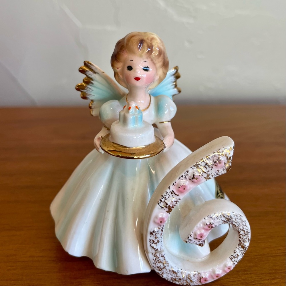 Charming Angel Figurine with Cake - Blue and Gold Accents by Josef Originals